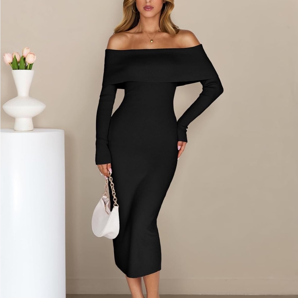Elegant Off-Shoulder Black Dress - Picture 3 of 7